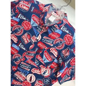 Coca-Cola Mens Rayon All Over Print Button Down Shirt Vintage Logo Red Blue M